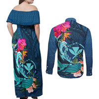 Hawaii Couples Matching Off Shoulder Maxi Dress and Long Sleeve Button Shirt Whale Mix Hibiscus and Kanaka Maoli Blue Version LT03 - Polynesian Pride