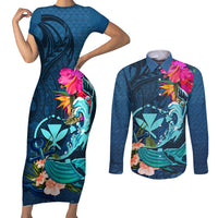 Hawaii Couples Matching Short Sleeve Bodycon Dress and Long Sleeve Button Shirt Whale Mix Hibiscus and Kanaka Maoli Blue Version LT03 Blue - Polynesian Pride
