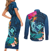Hawaii Couples Matching Short Sleeve Bodycon Dress and Long Sleeve Button Shirt Whale Mix Hibiscus and Kanaka Maoli Blue Version LT03 - Polynesian Pride
