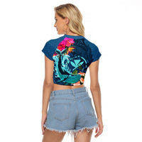 Hawaii Raglan Cropped T Shirt Whale Mix Hibiscus and Kanaka Maoli Blue Version LT03 - Polynesian Pride