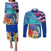Hawaii Race For Whales Couples Matching Puletasi and Long Sleeve Button Shirt Flag and Polynesian Hibiscus LT03 Blue - Polynesian Pride