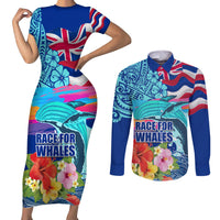 Hawaii Race For Whales Couples Matching Short Sleeve Bodycon Dress and Long Sleeve Button Shirt Flag and Polynesian Hibiscus LT03 Blue - Polynesian Pride