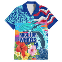 Hawaii Race For Whales Family Matching Tank Maxi Dress and Hawaiian Shirt Flag and Polynesian Hibiscus LT03 Dad's Shirt - Short Sleeve Blue - Polynesian Pride