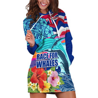 Hawaii Race For Whales Hoodie Dress Flag and Polynesian Hibiscus LT03 Blue - Polynesian Pride