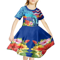 Hawaii Race For Whales Kid Short Sleeve Dress Flag and Polynesian Hibiscus LT03 - Polynesian Pride