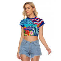 Hawaii Race For Whales Raglan Cropped T Shirt Flag and Polynesian Hibiscus LT03 Female Blue - Polynesian Pride