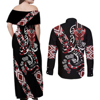 Aotearoa Toitu Te Tiriti-Honour the Treaty Couples Matching Off Shoulder Maxi Dress and Long Sleeve Button Shirt Maori Taniwha Haka with Taniko and Tukutuku