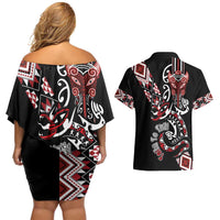 Aotearoa Toitu Te Tiriti-Honour the Treaty Couples Matching Off Shoulder Short Dress and Hawaiian Shirt Maori Taniwha Haka with Taniko and Tukutuku LT03 - Polynesian Pride