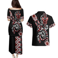 Aotearoa Toitu Te Tiriti-Honour the Treaty Couples Matching Puletasi and Hawaiian Shirt Maori Taniwha Haka with Taniko and Tukutuku