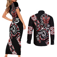 Aotearoa Toitu Te Tiriti-Honour the Treaty Couples Matching Short Sleeve Bodycon Dress and Long Sleeve Button Shirt Maori Taniwha Haka with Taniko and Tukutuku