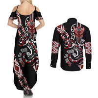 Aotearoa Toitu Te Tiriti-Honour the Treaty Couples Matching Summer Maxi Dress and Long Sleeve Button Shirt Maori Taniwha Haka with Taniko and Tukutuku