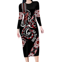 Aotearoa Toitu Te Tiriti-Honour the Treaty Long Sleeve Bodycon Dress Maori Taniwha Haka with Taniko and Tukutuku