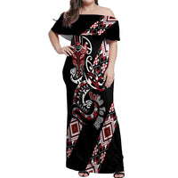 Aotearoa Toitu Te Tiriti-Honour the Treaty Off Shoulder Maxi Dress Maori Taniwha Haka with Taniko and Tukutuku