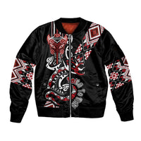 Aotearoa Toitu Te Tiriti-Honour the Treaty Sleeve Zip Bomber Jacket Maori Taniwha Haka with Taniko and Tukutuku