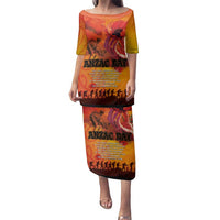 Australia and New Zealand ANZAC Day Family Matching Puletasi and Hawaiian Shirt Soldiers Memories - Red Poppies with Aboriginal and Maori Art LT03 Mom's Dress Orange-Yellow - Polynesian Pride