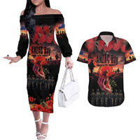 New Zealand ANZAC Day Couples Matching Off The Shoulder Long Sleeve Dress and Hawaiian Shirt Forever in My Thoughts LT03 Black - Polynesian Pride
