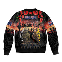 Australia and New Zealand ANZAC Day Sleeve Zip Bomber Jacket Kangaroo and Kiwi Bird Soldier - Forever in My Thoughts