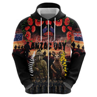 Australia and New Zealand ANZAC Day Zip Hoodie Kangaroo and Kiwi Bird Soldier - Forever in My Thoughts
