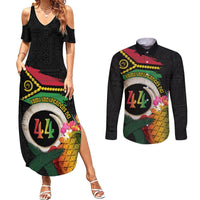Vanuatu Selebretem 44th Indipendens Dei Couples Matching Summer Maxi Dress and Long Sleeve Button Shirt Sand Drawing Turtle Melanesian Vibes LT03 Black - Polynesian Pride