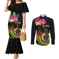 Vanuatu Ni-Van Couples Matching Mermaid Dress and Long Sleeve Button Shirt Coat of Arms Sand Drawing LT03 Black - Polynesian Pride