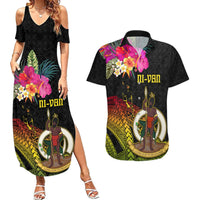 Vanuatu Ni-Van Couples Matching Summer Maxi Dress and Hawaiian Shirt Coat of Arms Sand Drawing LT03 Black - Polynesian Pride