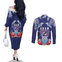 Guam Liberation Day Couples Matching Off The Shoulder Long Sleeve Dress and Long Sleeve Button Shirt The Tribal Latte Stone and Dolphins with Hibiscus Chamorro Culture