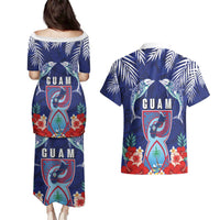 Guam Liberation Day Couples Matching Puletasi and Hawaiian Shirt The Tribal Latte Stone and Dolphins with Hibiscus Chamorro Culture