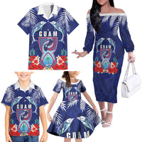 Guam Liberation Day Family Matching Off The Shoulder Long Sleeve Dress and Hawaiian Shirt The Tribal Latte Stone and Dolphins with Hibiscus Chamorro Culture