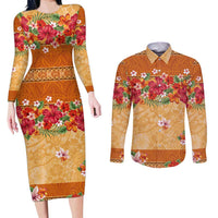 Hawaii Hibiscus Couples Matching Long Sleeve Bodycon Dress and Long Sleeve Button Shirt Turtles and Tribal Motifs Vintage Floral Style
