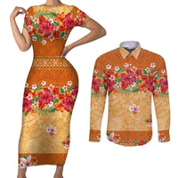 Hawaii Hibiscus Couples Matching Short Sleeve Bodycon Dress and Long Sleeve Button Shirt Turtles and Tribal Motifs Vintage Floral Style