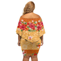 Hawaii Hibiscus Off Shoulder Short Dress Turtles and Tribal Motifs Vintage Floral Style