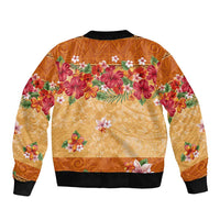 Hawaii Hibiscus Sleeve Zip Bomber Jacket Turtles and Tribal Motifs Vintage Floral Style