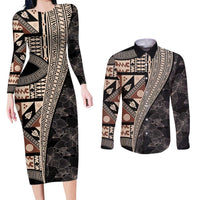Bula Hibiscus Festival Couples Matching Long Sleeve Bodycon Dress and Long Sleeve Button Shirt Fijian Masi Pattern Half Style
