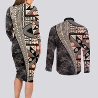 Bula Hibiscus Festival Couples Matching Long Sleeve Bodycon Dress and Long Sleeve Button Shirt Fijian Masi Pattern Half Style