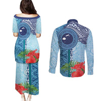 Fiji Day Couples Matching Puletasi and Long Sleeve Button Shirt Tapa Pattern and Hibiscus Flower