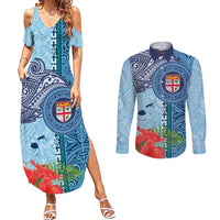 Fiji Day Couples Matching Summer Maxi Dress and Long Sleeve Button Shirt Tapa Pattern and Hibiscus Flower