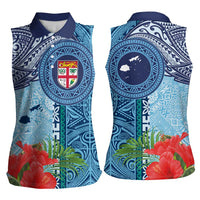 Fiji Day Women Sleeveless Polo Shirt Tapa Pattern and Hibiscus Flower