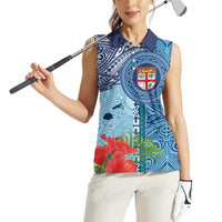 Fiji Day Women Sleeveless Polo Shirt Tapa Pattern and Hibiscus Flower