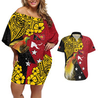 Papua New Guinea Independence Day Couples Matching Off Shoulder Short Dress and Hawaiian Shirt Bird-of-Paradise with Map and Polynesian Pattern