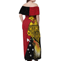 Papua New Guinea Independence Day Off Shoulder Maxi Dress Bird-of-Paradise with Map and Polynesian Pattern