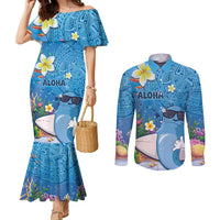 Aloha Hawaiian Monk Seal Couples Matching Mermaid Dress and Long Sleeve Button Shirt Polynesian Tattoo The Ocean and Undersea Vibe
