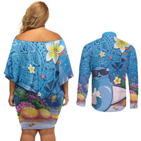 Aloha Hawaiian Monk Seal Couples Matching Off Shoulder Short Dress and Long Sleeve Button Shirt Polynesian Tattoo The Ocean and Undersea Vibe