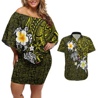 Hawaiian Turtle and Plumeria Couples Matching Off Shoulder Short Dress and Hawaiian Shirt Polynesian Tattoo and Tribal Elements Pattern Yellow Color