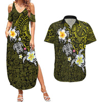 Hawaiian Turtle and Plumeria Couples Matching Summer Maxi Dress and Hawaiian Shirt Polynesian Tattoo and Tribal Elements Pattern Yellow Color