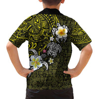 Hawaiian Turtle and Plumeria Family Matching Summer Maxi Dress and Hawaiian Shirt Polynesian Tattoo and Tribal Elements Pattern Yellow Color