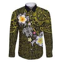 Hawaiian Turtle and Plumeria Family Matching Summer Maxi Dress and Hawaiian Shirt Polynesian Tattoo and Tribal Elements Pattern Yellow Color