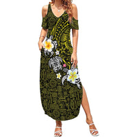 Hawaiian Turtle and Plumeria Family Matching Summer Maxi Dress and Hawaiian Shirt Polynesian Tattoo and Tribal Elements Pattern Yellow Color