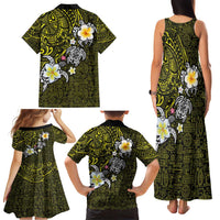 Hawaiian Turtle and Plumeria Family Matching Tank Maxi Dress and Hawaiian Shirt Polynesian Tattoo and Tribal Elements Pattern Yellow Color