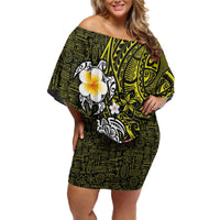 Hawaiian Turtle and Plumeria Off Shoulder Short Dress Polynesian Tattoo and Tribal Elements Pattern Yellow Color LT03 Women Yellow - Polynesian Pride