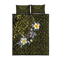 Hawaiian Turtle and Plumeria Quilt Bed Set Polynesian Tattoo and Tribal Elements Pattern Yellow Color